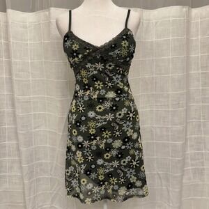 No Boundaries Y2K Mesh Overlay Floral Butterfly Mini Dress Olive Green XS 1